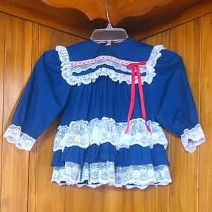 80s Bryan Dress In Mint Condition, Navy Blue With White Lace & Red Bow, 24 Mo
